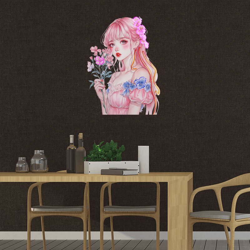 Pretty Girl Anime Neon signs lights | Redhead pink skirt cute character | LED decorative lights with small red and pink bouquets