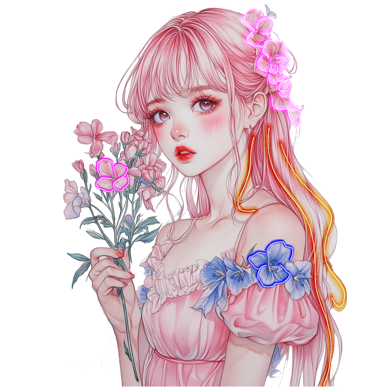 Pretty Girl Anime Neon signs lights | Redhead pink skirt cute character | LED decorative lights with small red and pink bouquets