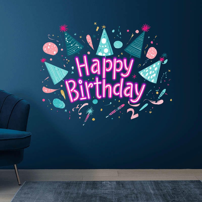 Happy Birthday LED Neon Sign - Festive Party Decor with Party Hats & Candles - Perfect for Birthday Celebrations
