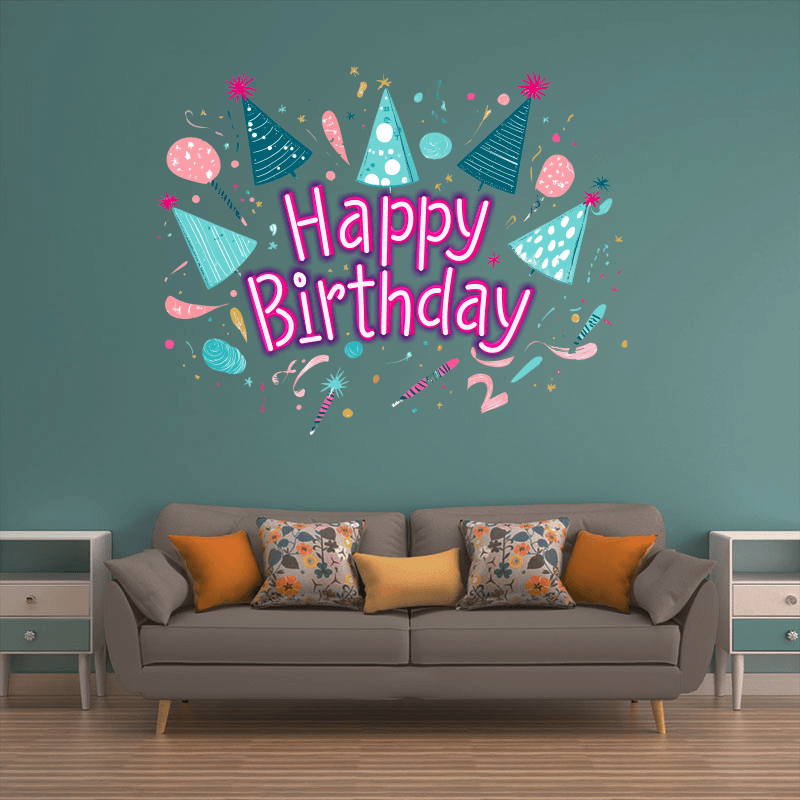 Happy Birthday LED Neon Sign - Festive Party Decor with Party Hats & Candles - Perfect for Birthday Celebrations