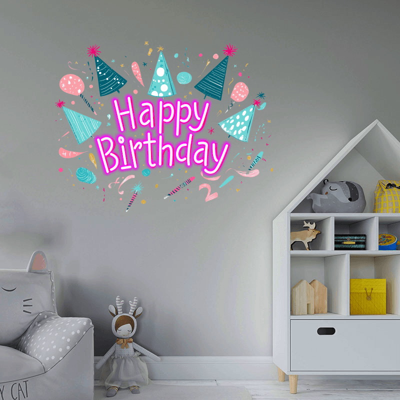 Happy Birthday LED Neon Sign - Festive Party Decor with Party Hats & Candles - Perfect for Birthday Celebrations