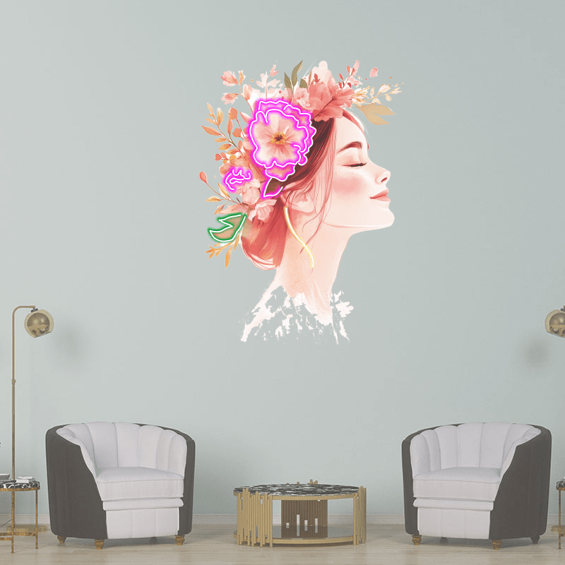 Beautiful Girl Profile LED Neon Sign - Smiling with Floral Crown of Red Flowers - Perfect for Home Decor & Gifts