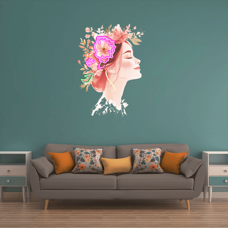 Beautiful Girl Profile LED Neon Sign - Smiling with Floral Crown of Red Flowers - Perfect for Home Decor & Gifts