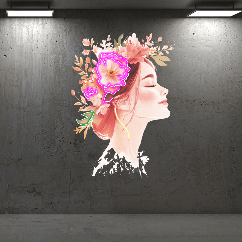 Beautiful Girl Profile LED Neon Sign - Smiling with Floral Crown of Red Flowers - Perfect for Home Decor & Gifts