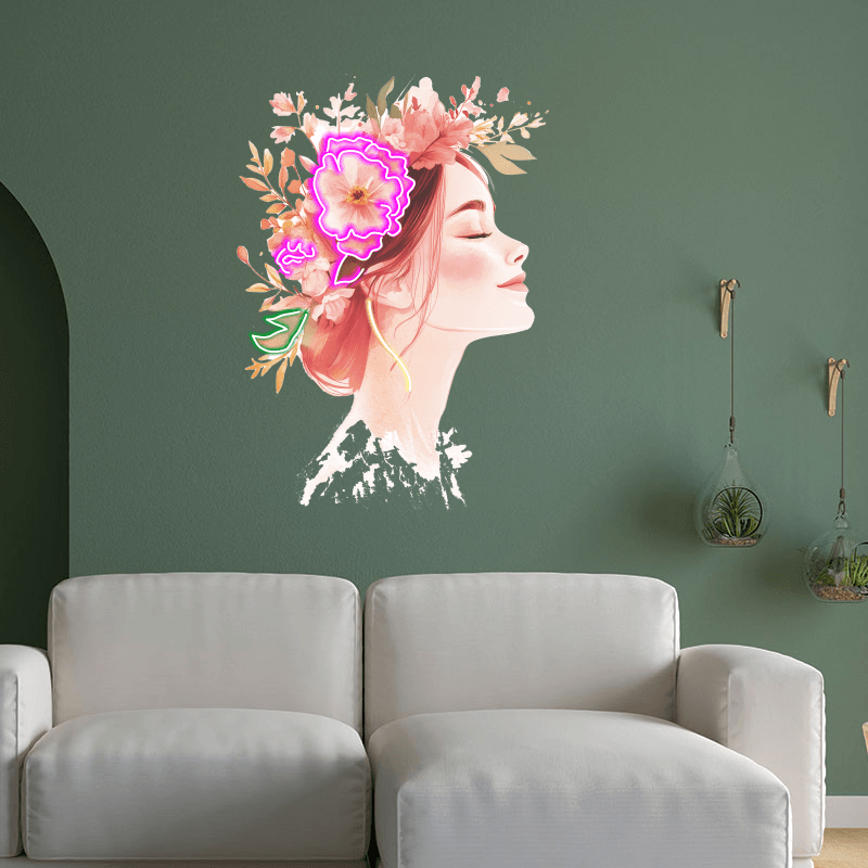 Beautiful Girl Profile LED Neon Sign - Smiling with Floral Crown of Red Flowers - Perfect for Home Decor & Gifts