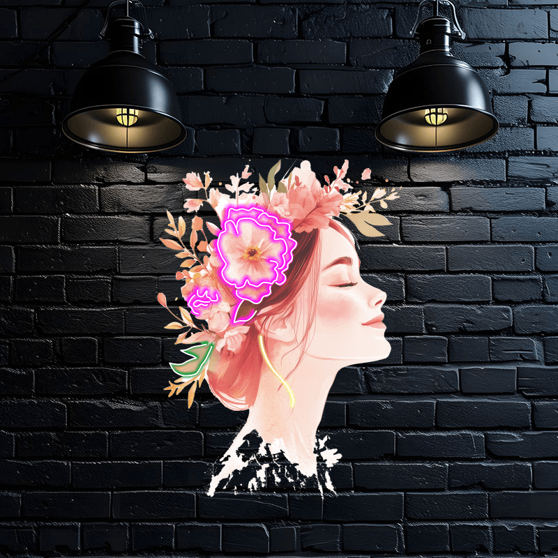 Beautiful Girl Profile LED Neon Sign - Smiling with Floral Crown of Red Flowers - Perfect for Home Decor & Gifts