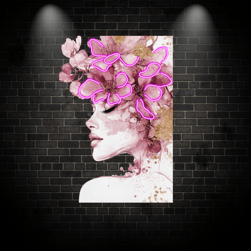 Beautiful Girl Profile LED Neon Sign in Square Frame - Floral Hair Decoration - Perfect for Home Decor & Unique Gifts