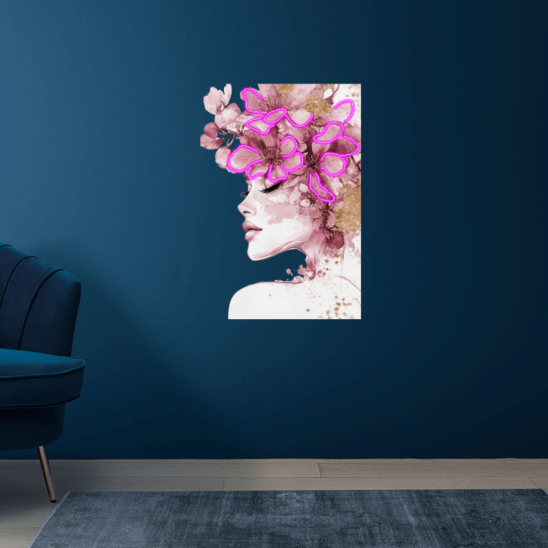Beautiful Girl Profile LED Neon Sign in Square Frame - Floral Hair Decoration - Perfect for Home Decor & Unique Gifts