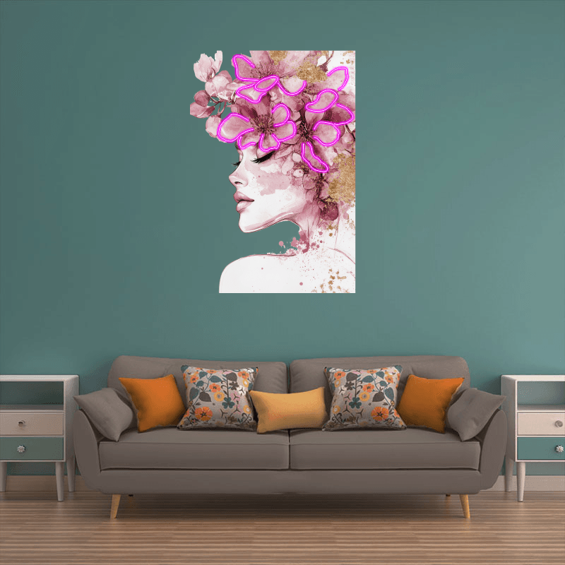 Beautiful Girl Profile LED Neon Sign in Square Frame - Floral Hair Decoration - Perfect for Home Decor & Unique Gifts