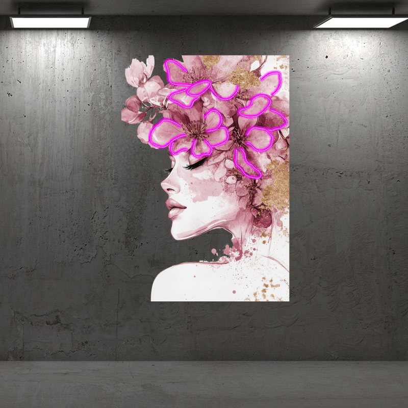 Beautiful Girl Profile LED Neon Sign in Square Frame - Floral Hair Decoration - Perfect for Home Decor & Unique Gifts