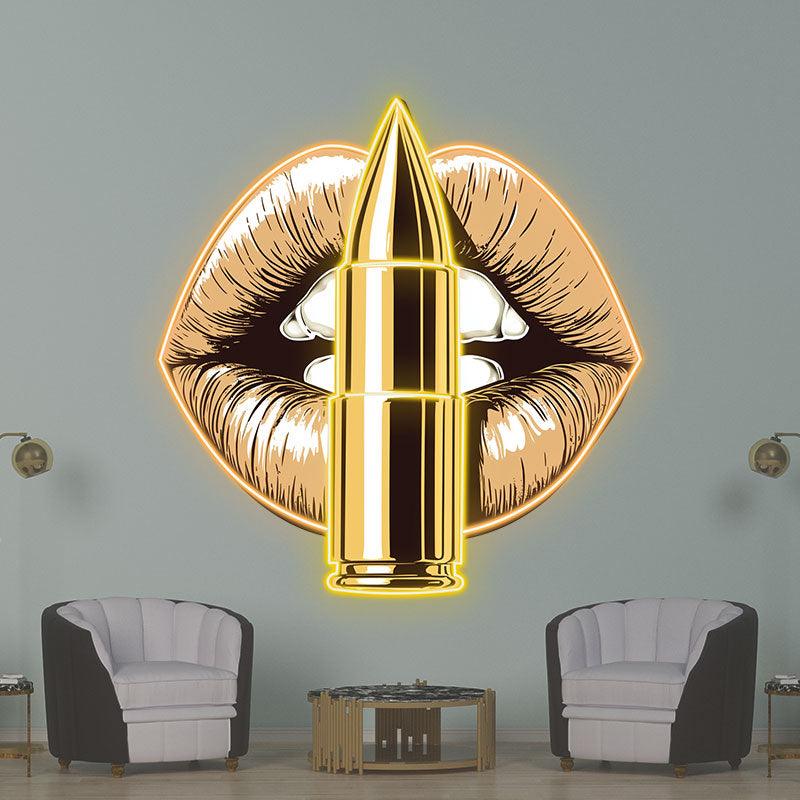 Vibrant Yellow Lips LED Neon Sign - Bold Lip Close-Up with Standing Bullet - Perfect for Edgy Decor & Unique Gifts