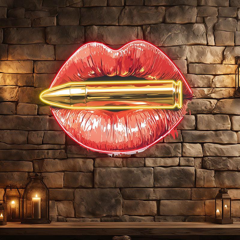 Bold Red Lips LED Neon Sign - Lip Close-Up with Bullet - Perfect for Edgy Home Decor & Unique Gifts