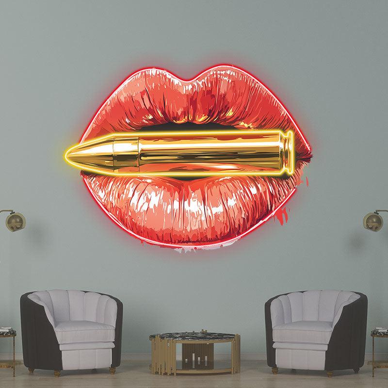 Bold Red Lips LED Neon Sign - Lip Close-Up with Bullet - Perfect for Edgy Home Decor & Unique Gifts