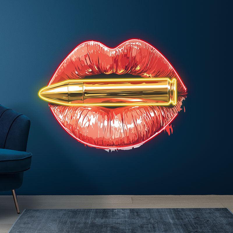 Bold Red Lips LED Neon Sign - Lip Close-Up with Bullet - Perfect for Edgy Home Decor & Unique Gifts