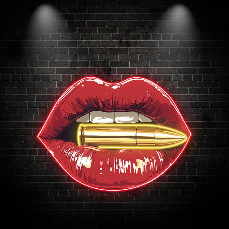 Bold Red Lips LED Neon Sign - Lip Close-Up with Bullet - Perfect for Edgy Home Decor & Unique Gifts