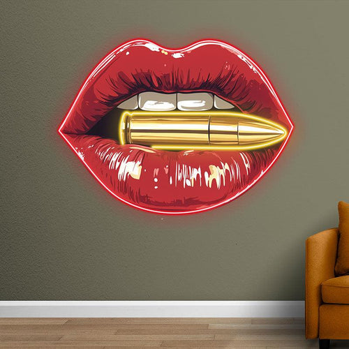 Bold Red Lips LED Neon Sign - Lip Close-Up with Bullet - Perfect for Edgy Home Decor & Unique Gifts