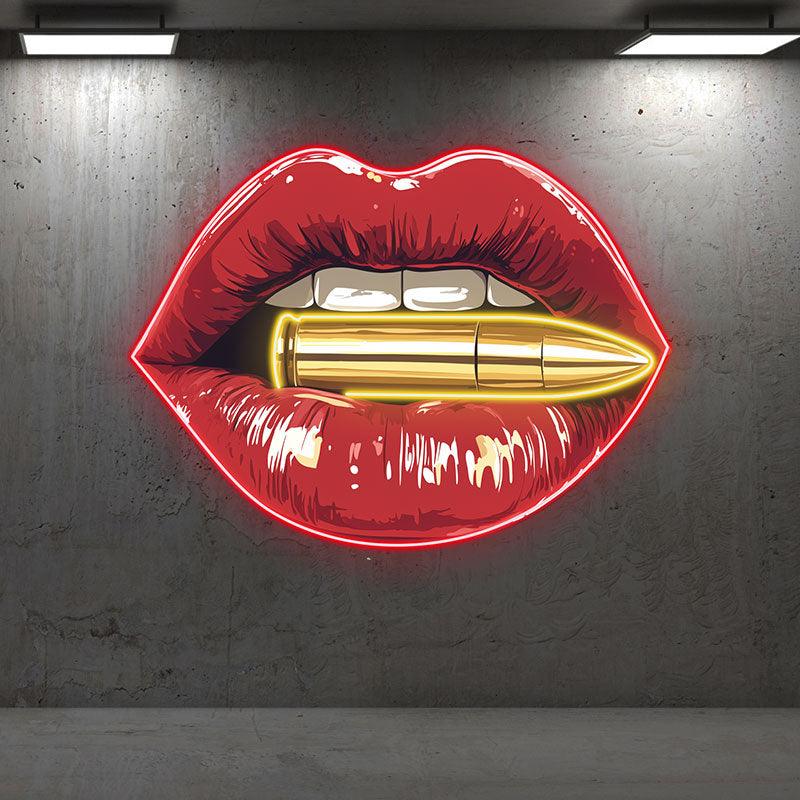 Bold Red Lips LED Neon Sign - Lip Close-Up with Bullet - Perfect for Edgy Home Decor & Unique Gifts