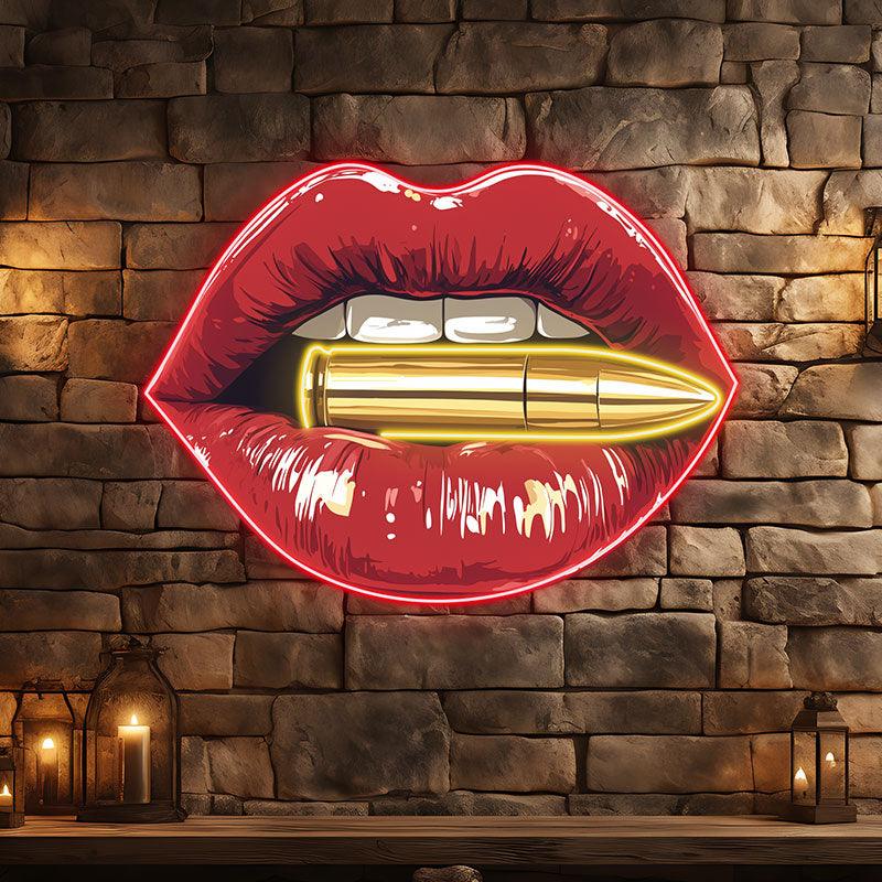 Bold Red Lips LED Neon Sign - Lip Close-Up with Bullet - Perfect for Edgy Home Decor & Unique Gifts