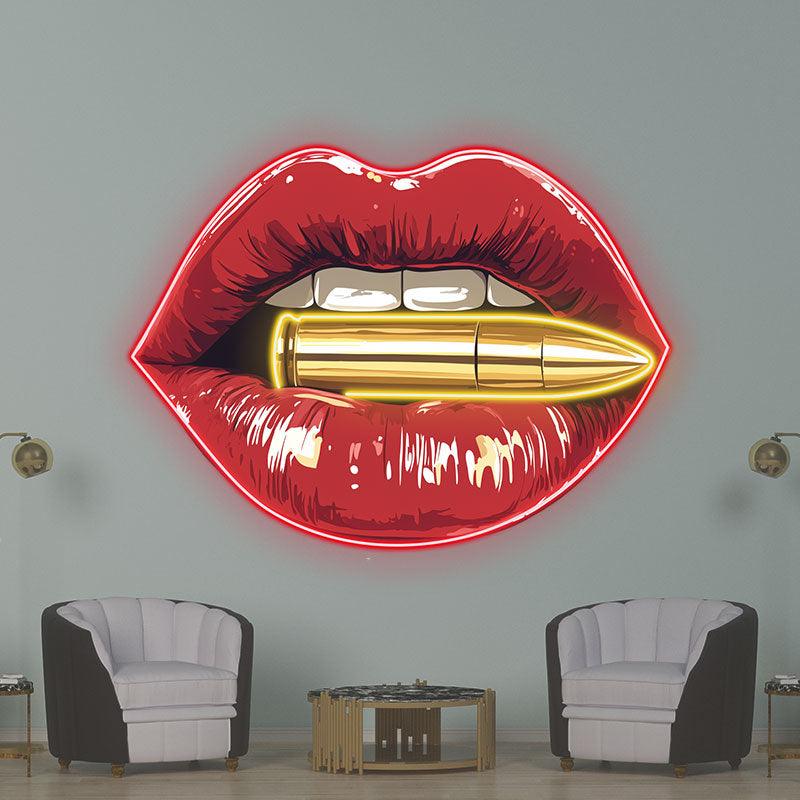 Bold Red Lips LED Neon Sign - Lip Close-Up with Bullet - Perfect for Edgy Home Decor & Unique Gifts