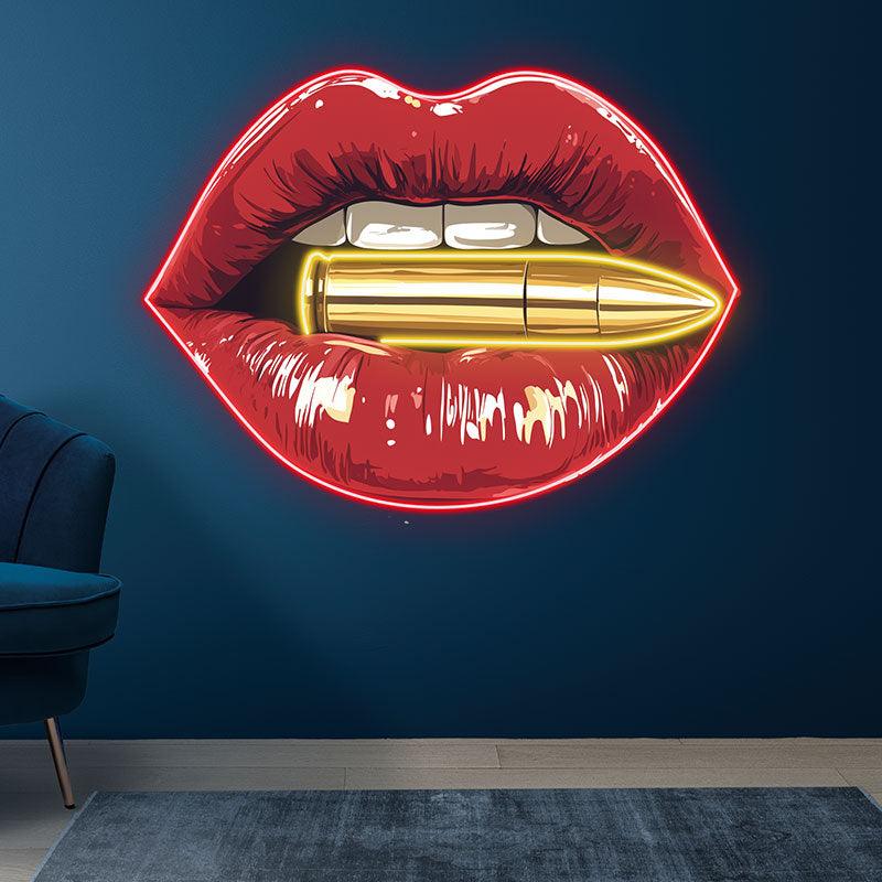 Bold Red Lips LED Neon Sign - Lip Close-Up with Bullet - Perfect for Edgy Home Decor & Unique Gifts