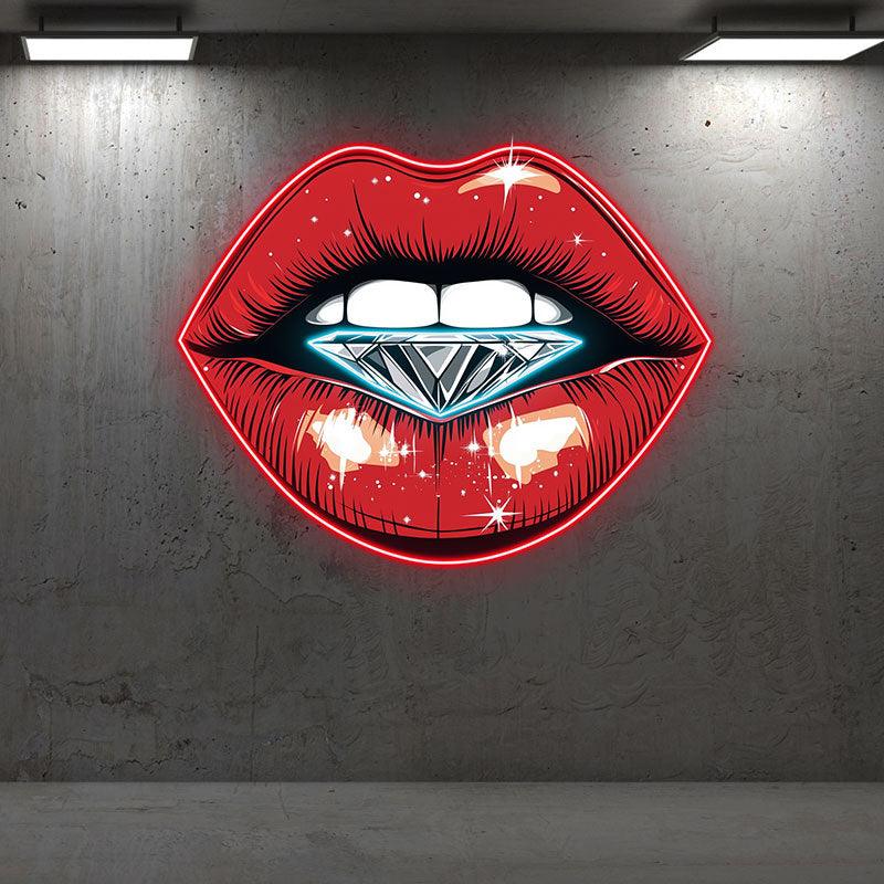 Stunning Red Lips LED Neon Sign - Lip Close-Up with Half-Full Diamond - Perfect for Beauty Salons & Trendy Decor