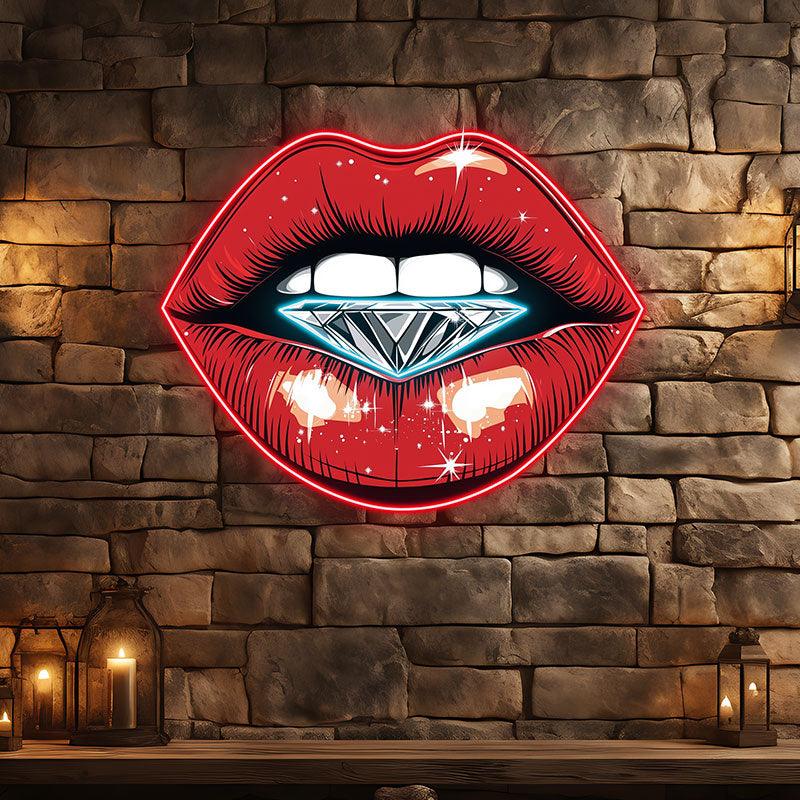 Stunning Red Lips LED Neon Sign - Lip Close-Up with Half-Full Diamond - Perfect for Beauty Salons & Trendy Decor