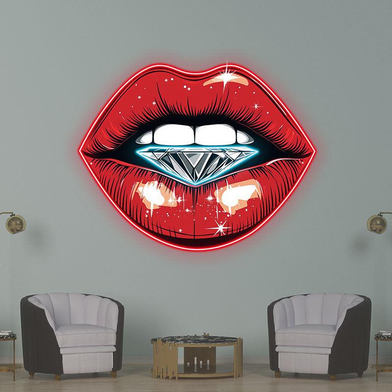 Stunning Red Lips LED Neon Sign - Lip Close-Up with Half-Full Diamond - Perfect for Beauty Salons & Trendy Decor