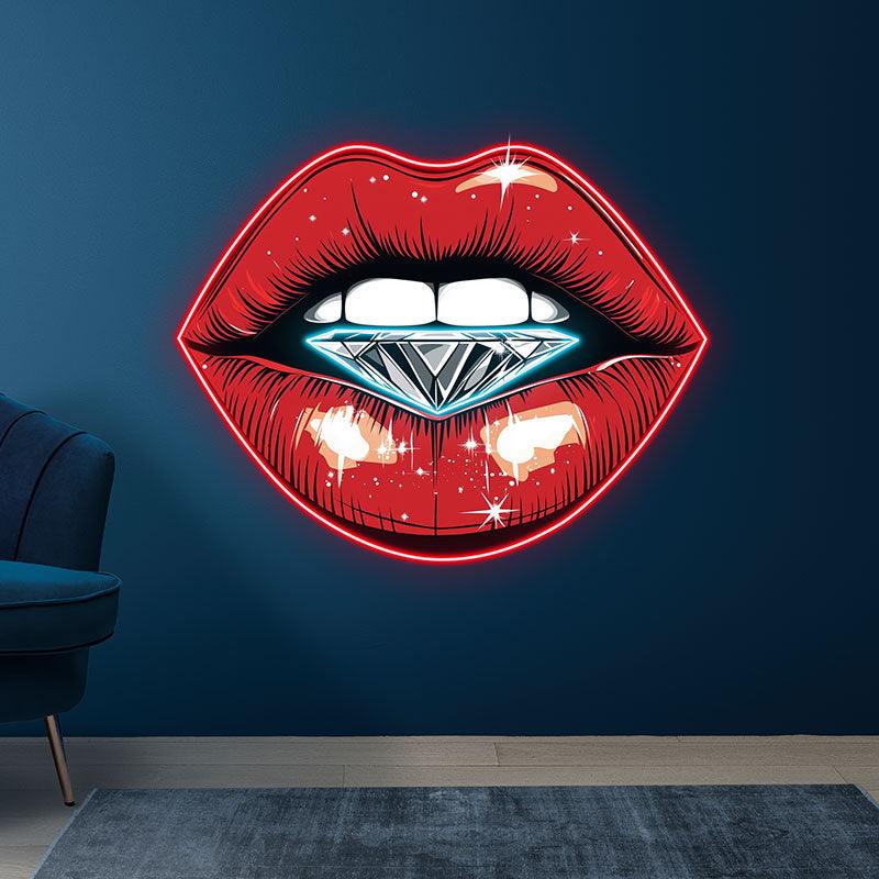 Stunning Red Lips LED Neon Sign - Lip Close-Up with Half-Full Diamond - Perfect for Beauty Salons & Trendy Decor