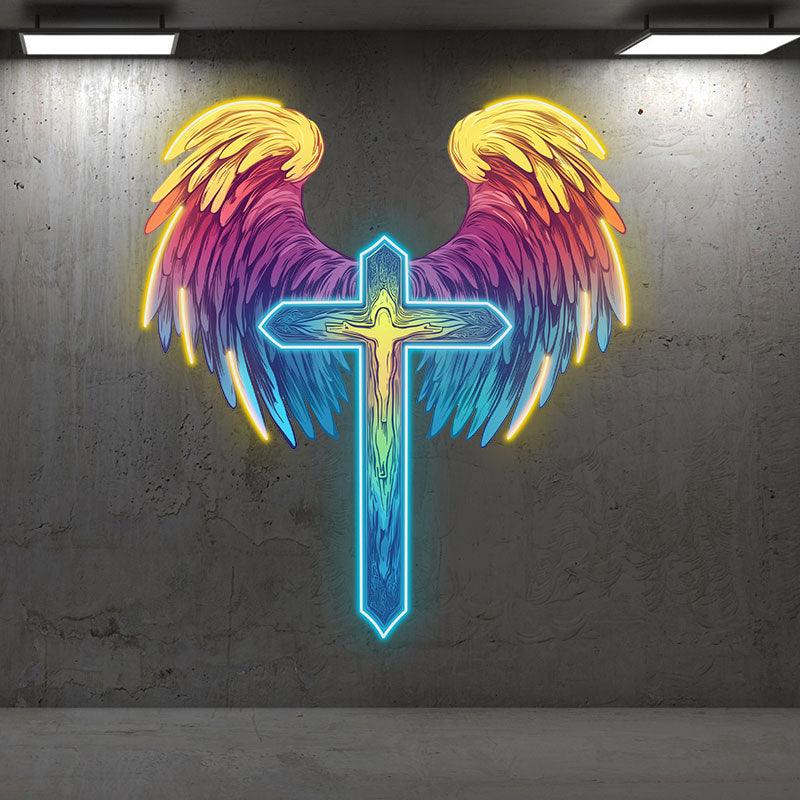Spread Wings Cross Neon signs| Reddish Yellow Feather Decoration | LED Art Lighting