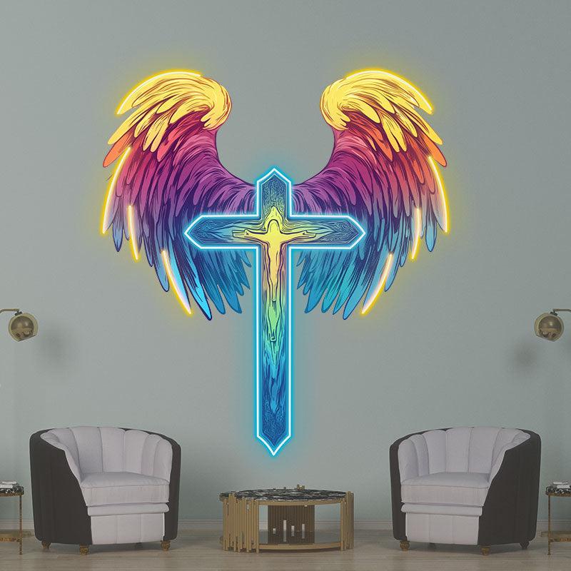 Spread Wings Cross Neon signs| Reddish Yellow Feather Decoration | LED Art Lighting