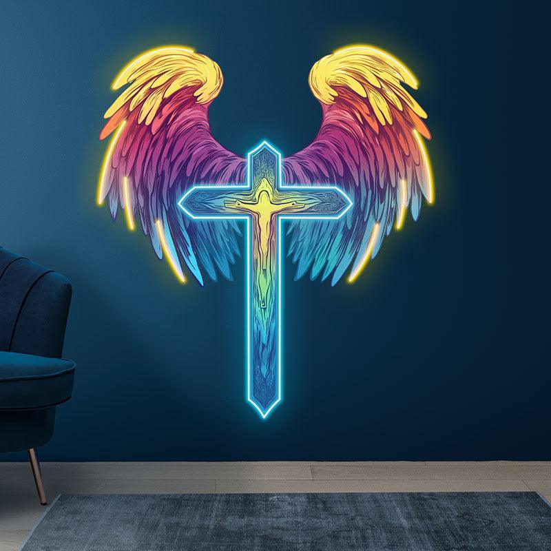 Spread Wings Cross Neon signs| Reddish Yellow Feather Decoration | LED Art Lighting