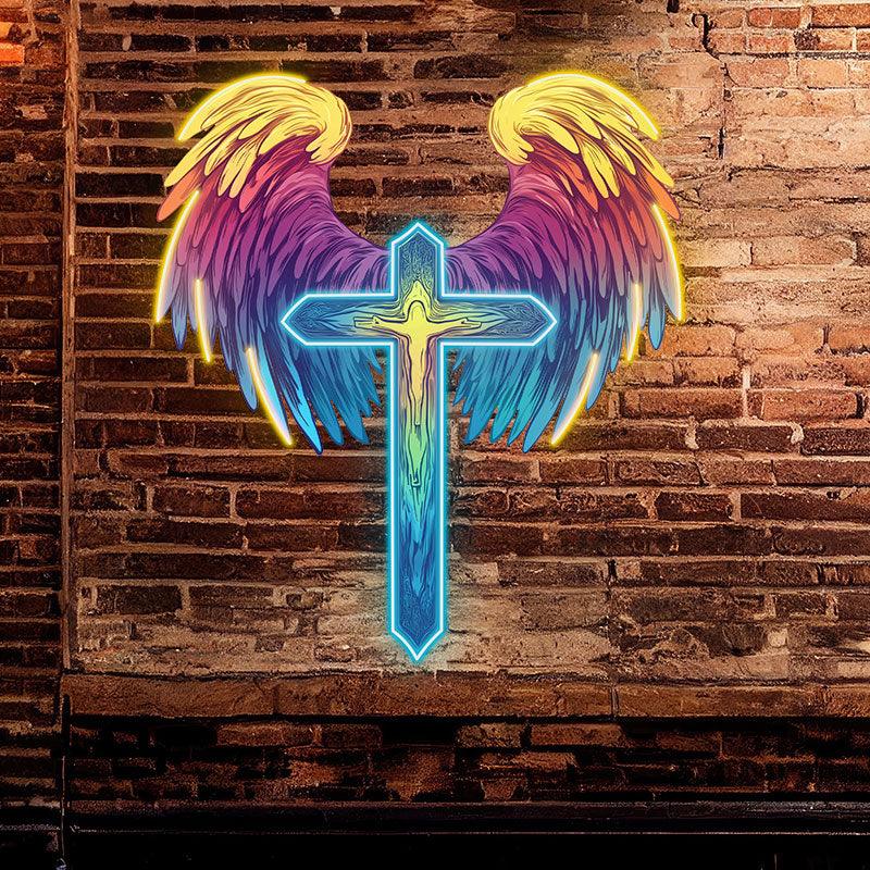 Spread Wings Cross Neon signs| Reddish Yellow Feather Decoration | LED Art Lighting