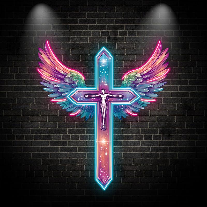Red and Purple Feathered Wings Cross Neon signs | LED Art Lighting | Unique Decorations