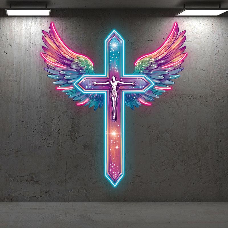 Red and Purple Feathered Wings Cross Neon signs | LED Art Lighting | Unique Decorations