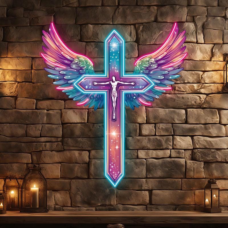 Red and Purple Feathered Wings Cross Neon signs | LED Art Lighting | Unique Decorations