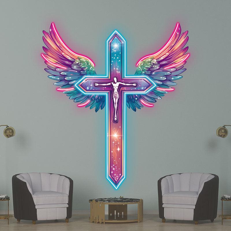 Red and Purple Feathered Wings Cross Neon signs | LED Art Lighting | Unique Decorations
