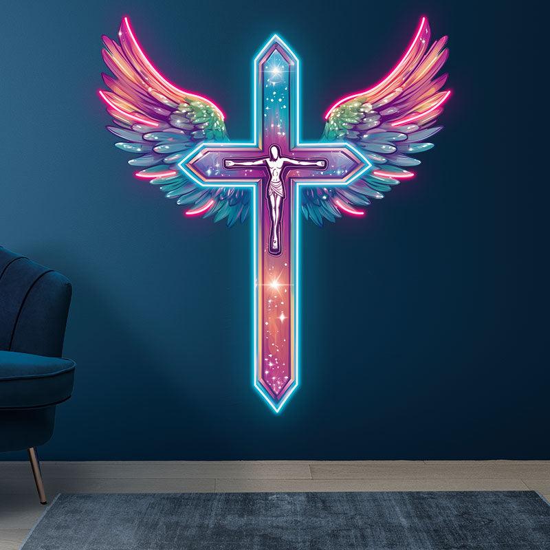 Red and Purple Feathered Wings Cross Neon signs | LED Art Lighting | Unique Decorations