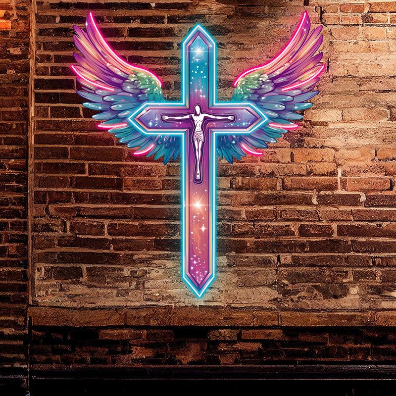 Red and Purple Feathered Wings Cross Neon signs | LED Art Lighting | Unique Decorations
