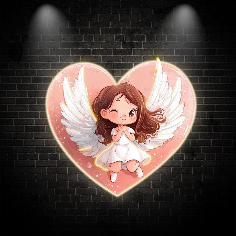 Cute Cartoon Little Girl Neon signs | Open Wings With Red Heart Background | LED Decorative Lights
