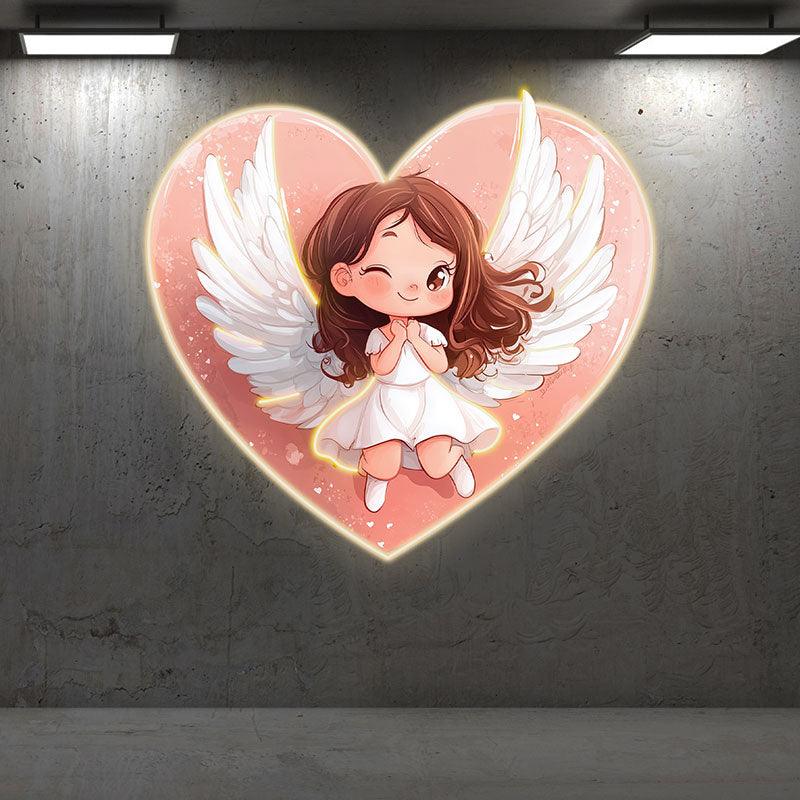 Cute Cartoon Little Girl Neon signs | Open Wings With Red Heart Background | LED Decorative Lights