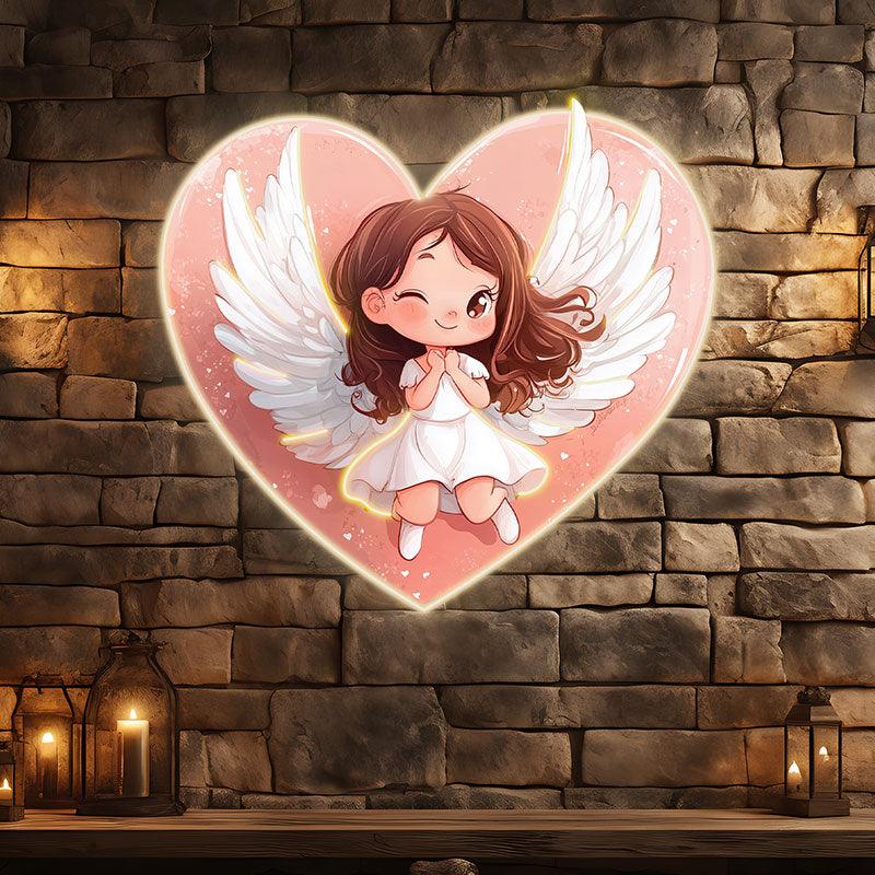 Cute Cartoon Little Girl Neon signs | Open Wings With Red Heart Background | LED Decorative Lights