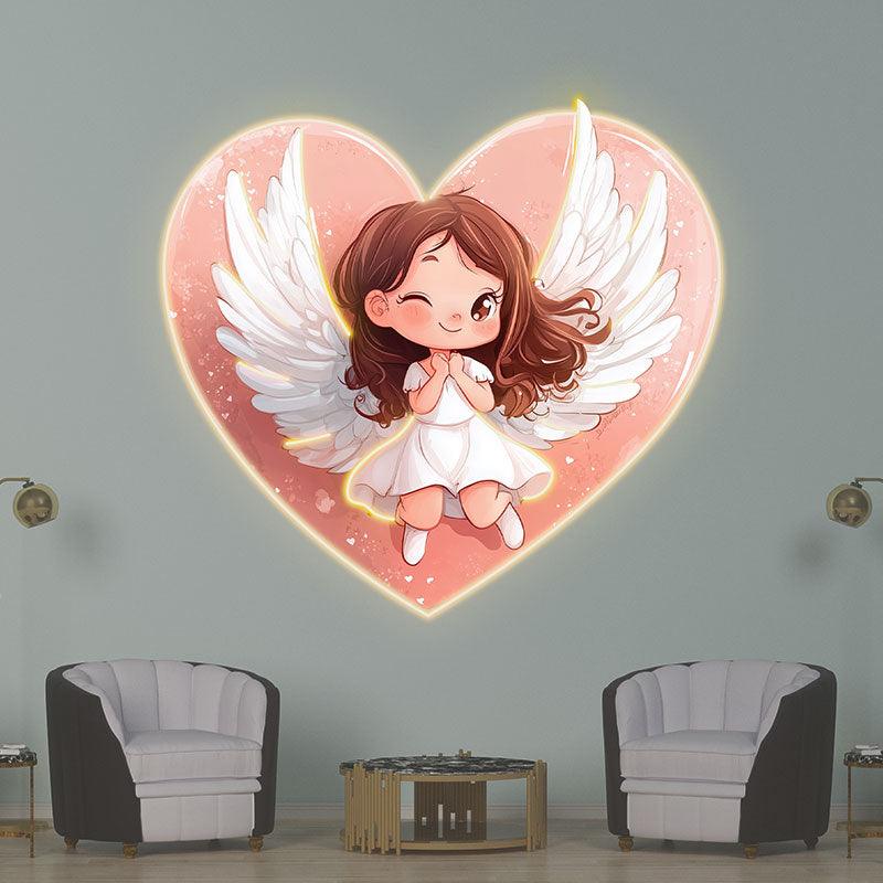 Cute Cartoon Little Girl Neon signs | Open Wings With Red Heart Background | LED Decorative Lights