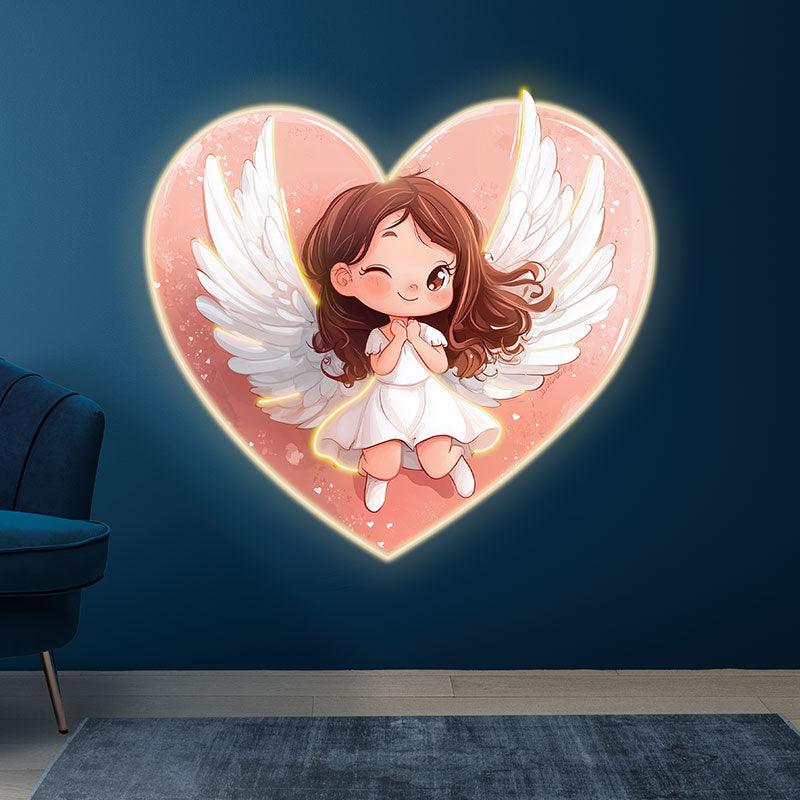 Cute Cartoon Little Girl Neon signs | Open Wings With Red Heart Background | LED Decorative Lights