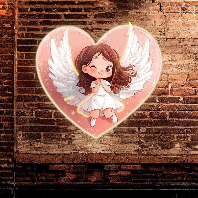 Cute Cartoon Little Girl Neon signs | Open Wings With Red Heart Background | LED Decorative Lights