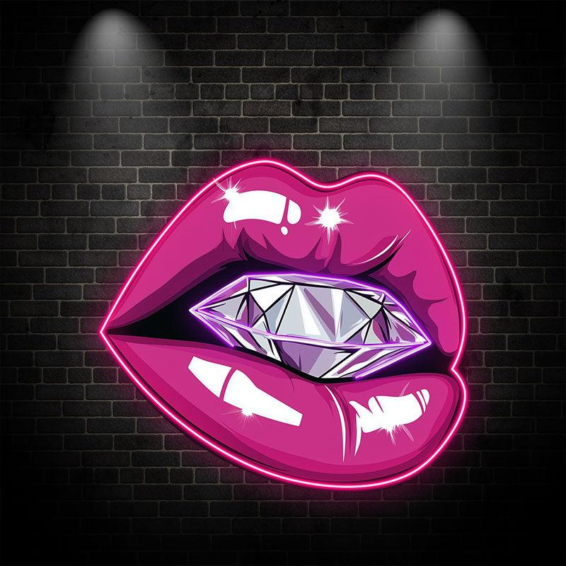 Bold Lip Close-Up LED Neon Sign - Bright Red Lips with Large Diamond - Perfect for Beauty Salons & Glamorous Decor