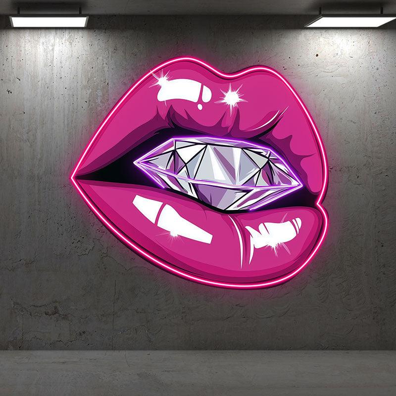 Bold Lip Close-Up LED Neon Sign - Bright Red Lips with Large Diamond - Perfect for Beauty Salons & Glamorous Decor