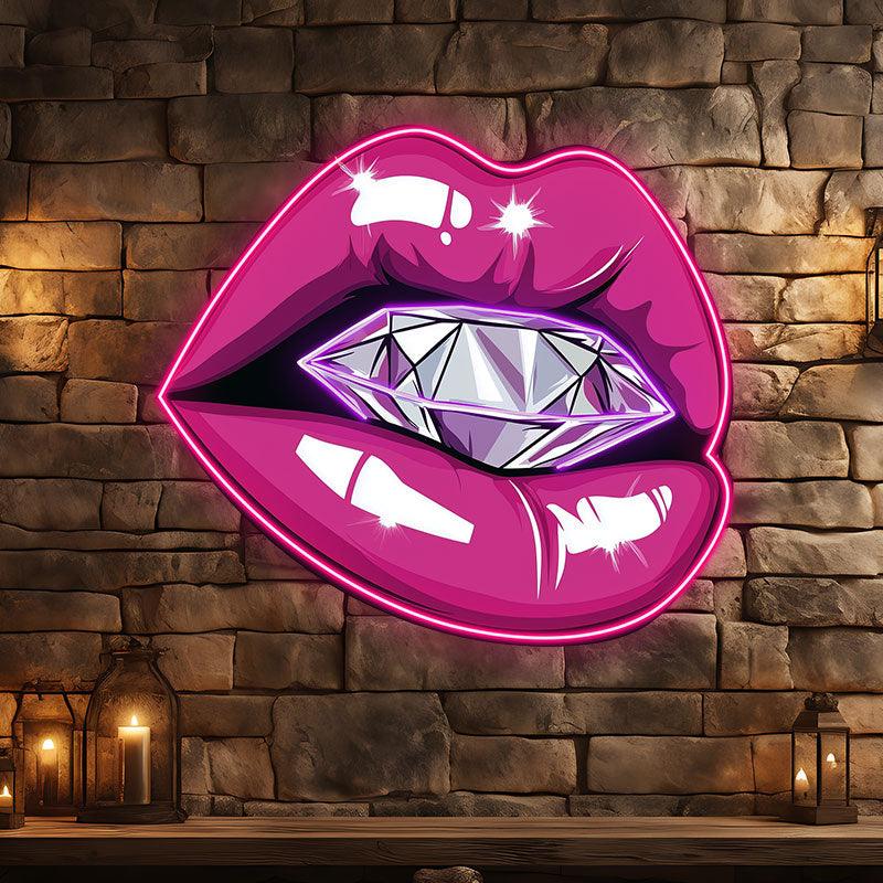 Bold Lip Close-Up LED Neon Sign - Bright Red Lips with Large Diamond - Perfect for Beauty Salons & Glamorous Decor