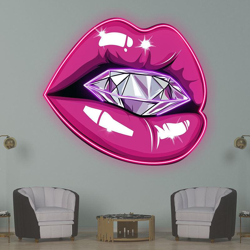 Bold Lip Close-Up LED Neon Sign - Bright Red Lips with Large Diamond - Perfect for Beauty Salons & Glamorous Decor