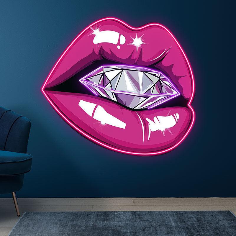Bold Lip Close-Up LED Neon Sign - Bright Red Lips with Large Diamond - Perfect for Beauty Salons & Glamorous Decor