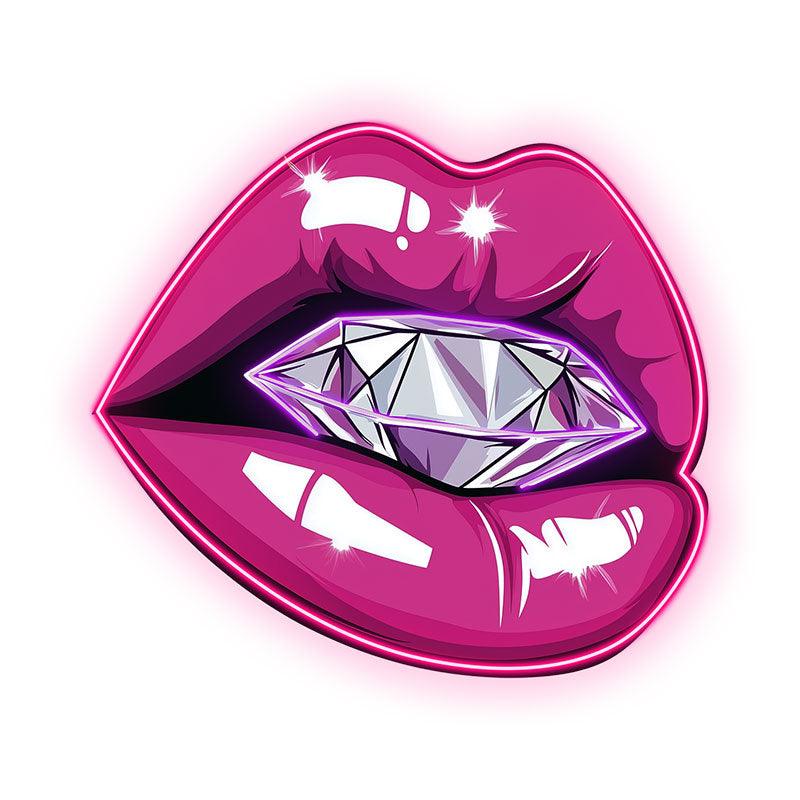 Bold Lip Close-Up LED Neon Sign - Bright Red Lips with Large Diamond - Perfect for Beauty Salons & Glamorous Decor